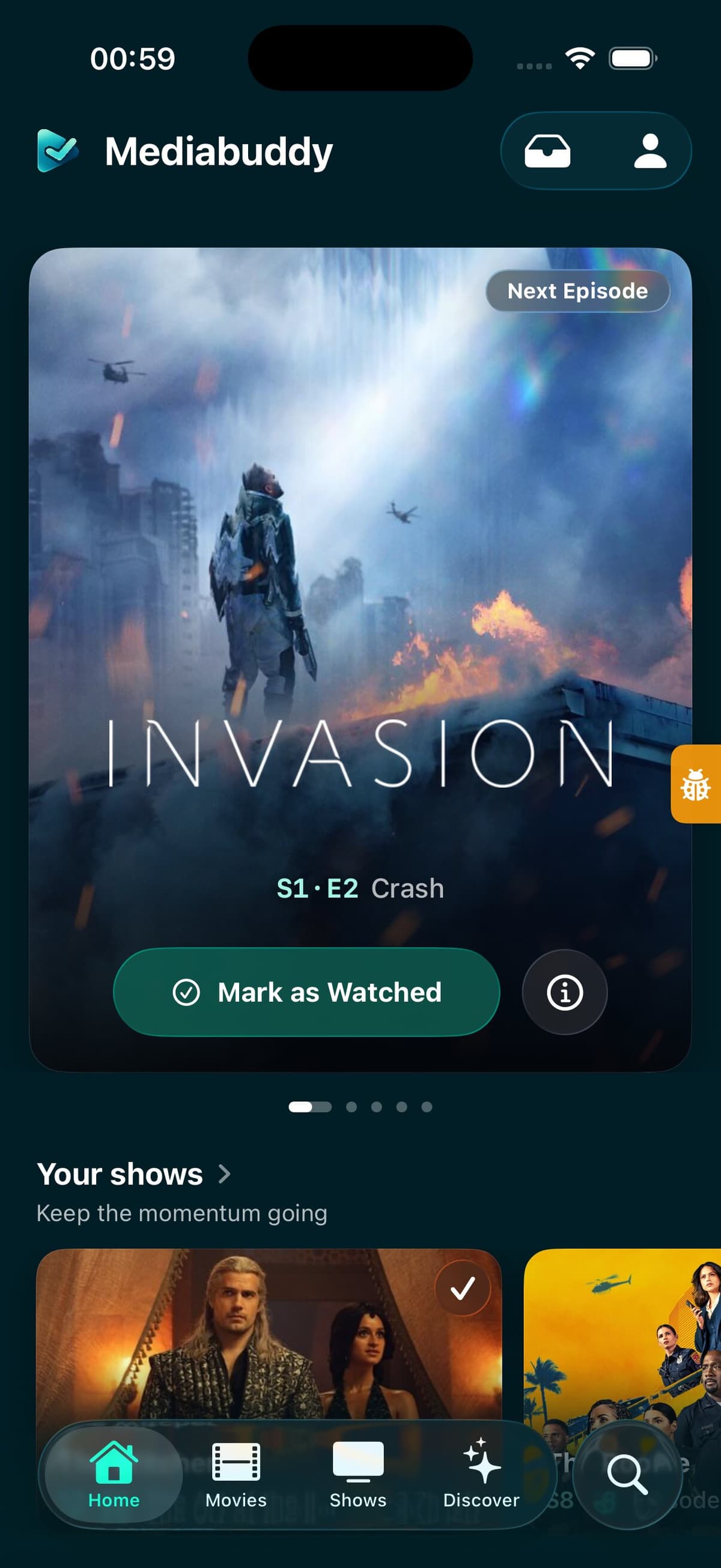 Mediabuddy app — Home screen with hero slider and show tracking